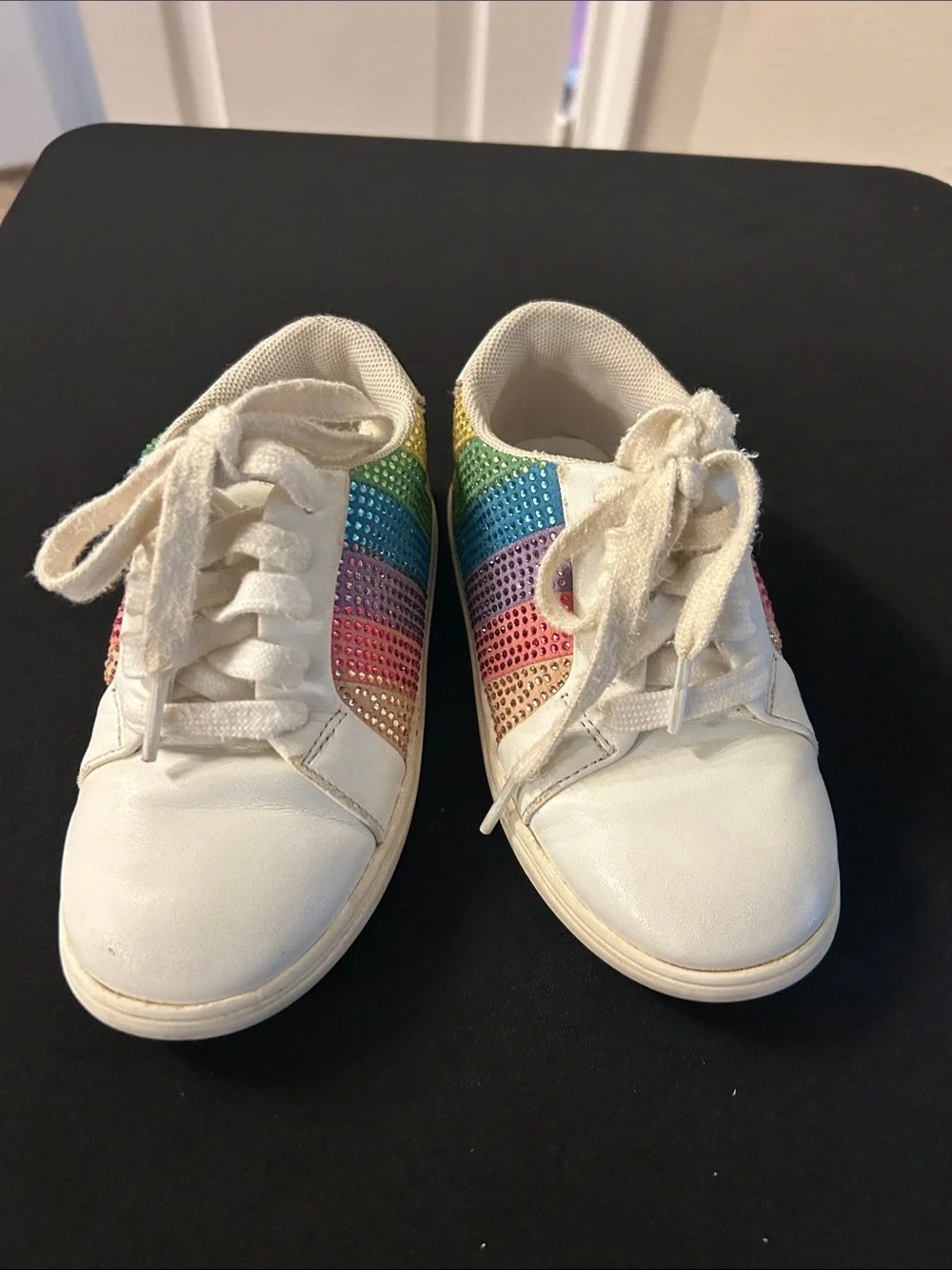 Kurt Geiger White Lace-Up Kids Sneakers with Rainbow Sequin Stripes